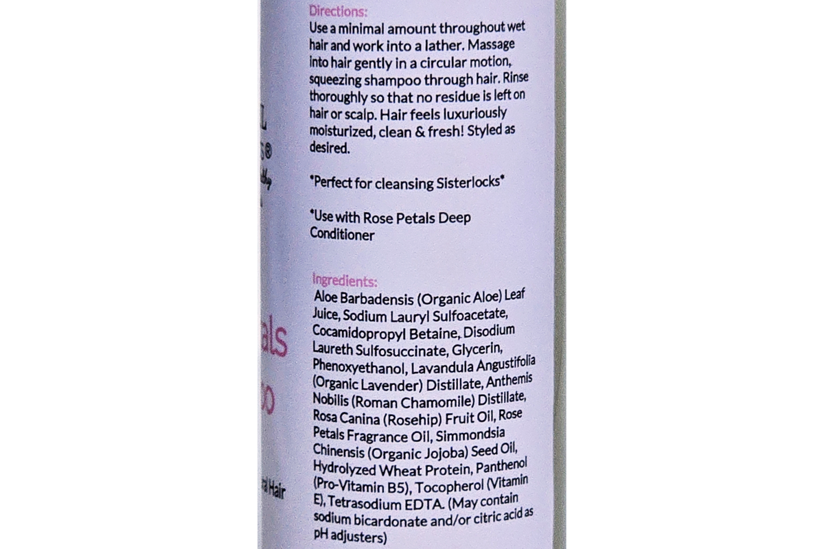Directions and ingredient label for Beautiful Hair Products Rose Petals Sulfate-Free Shampoo for Sisterlocks and natural hair.