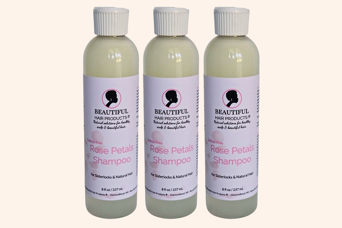 Three bottles of Beautiful Hair Products Rose Petals Sulfate-Free Shampoo for Sisterlocks and natural hair.