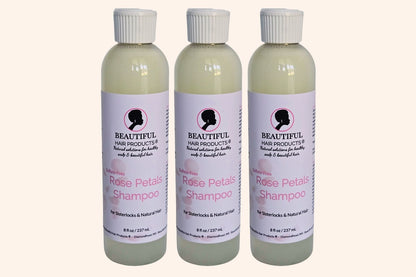 Three bottles of Beautiful Hair Products Rose Petals Sulfate-Free Shampoo for Sisterlocks and natural hair.