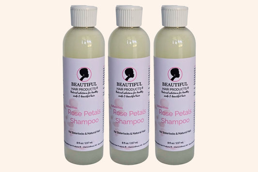 Three bottles of Beautiful Hair Products Rose Petals Sulfate-Free Shampoo for Sisterlocks and natural hair.