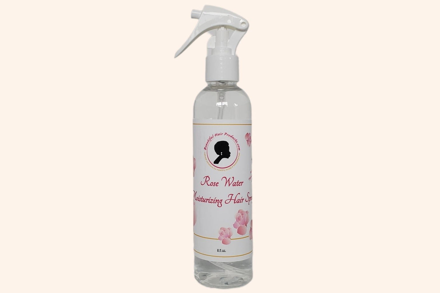 Rose Water Hydrating Spray 8oz bottle with pink and cream label for daily moisture mist for medium porosity hair