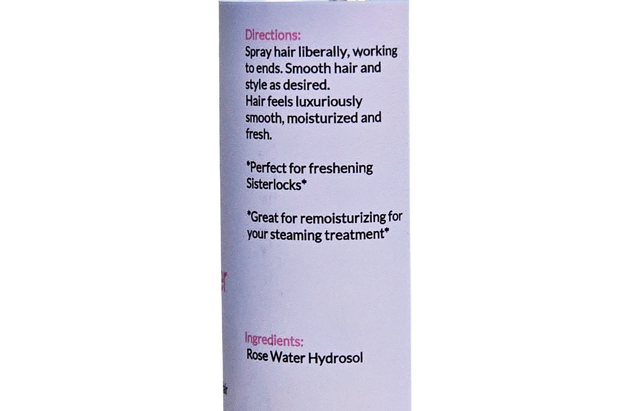 Directions and ingredient label for Beautiful Hair Products Rose Water Hydrating Spray.