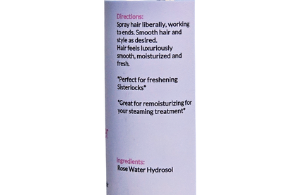 Directions and ingredient label for Beautiful Hair Products Rose Water Hydrating Spray.