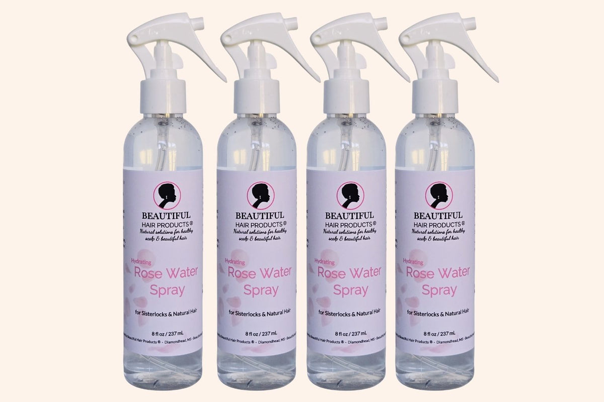 Four bottles of Rose Water Hydrating Spray for medium-porosity Sisterlocks.