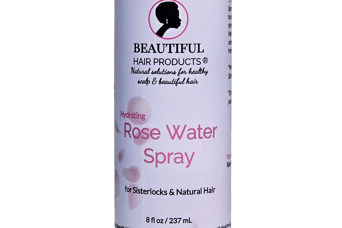 Close-up of the Beautiful Hair Products Rose Water Hydrating Spray front label.