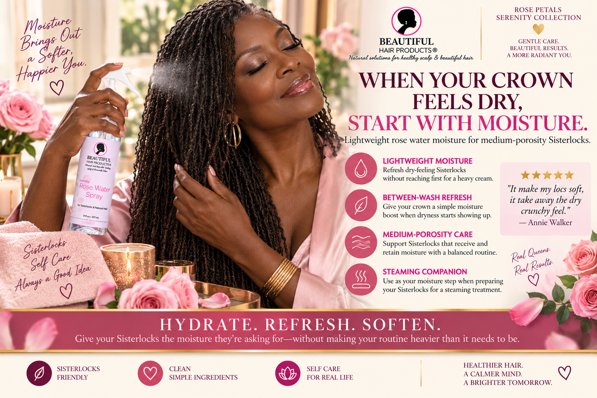 Mature Black woman with fine Sisterlocks using Rose Water Hydrating Spray as part of her moisture routine.