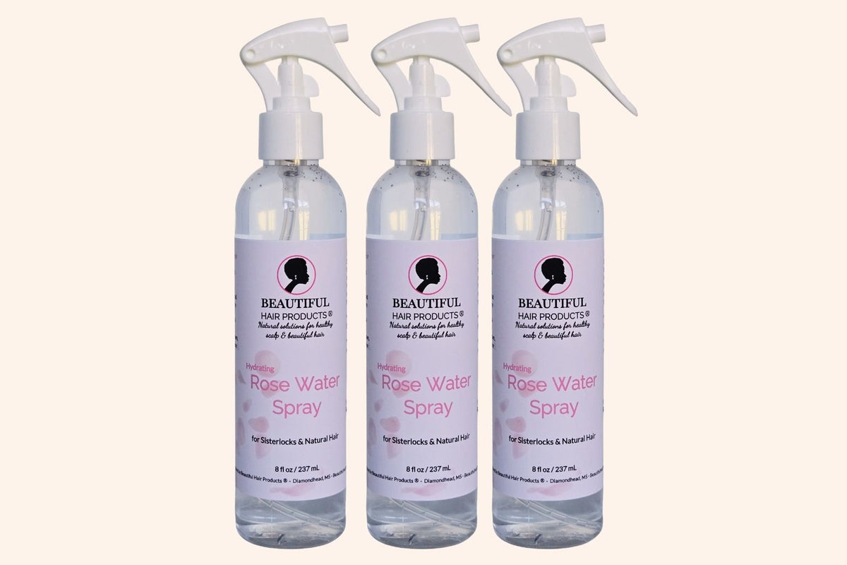 Three bottles of Beautiful Hair Products Rose Water Hydrating Spray for Sisterlocks.