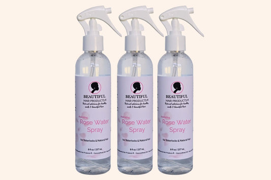 Three bottles of Beautiful Hair Products Rose Water Hydrating Spray for Sisterlocks.