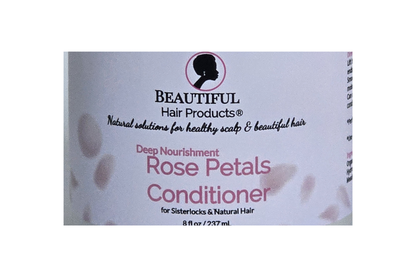 A rectangular box of Beautiful Hair Products Deep Nourishment Rose Petals Conditioner, featuring a white background with pink text and rose petal graphics.