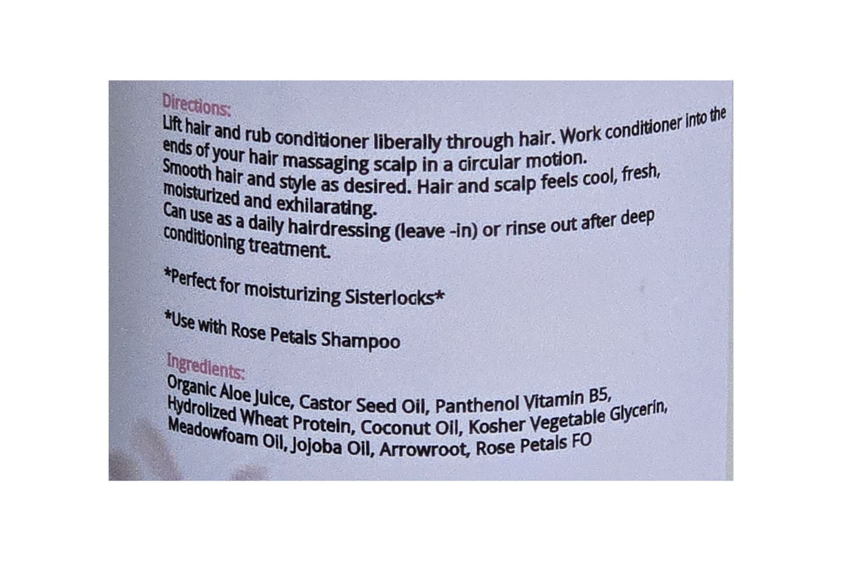 A close-up of a printed hair care instruction sheet showing directions and ingredients for a shampoo, photographed against a light background.