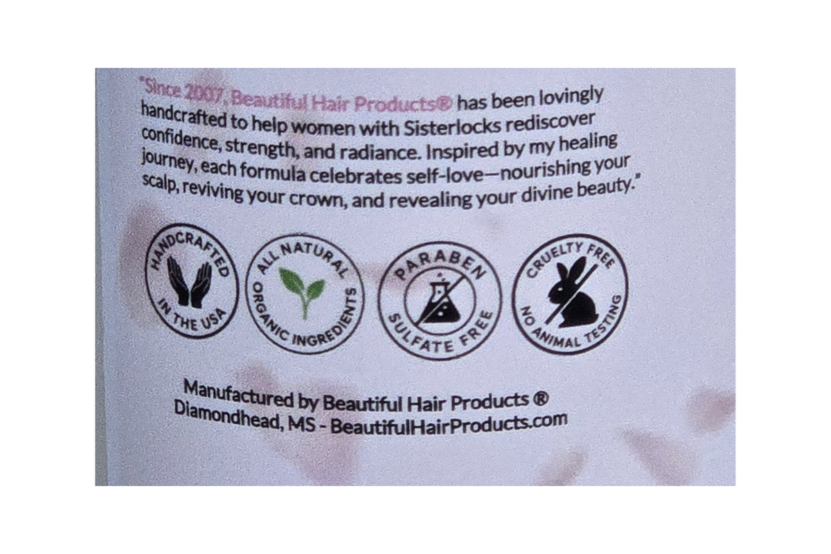 A close-up of a white product label showing the 'About' section with text and several circular certification-style icons for handmade, organic ingredients, parabens, and cruelty-free status. The brand Beautiful Hair Products is visible in the text.