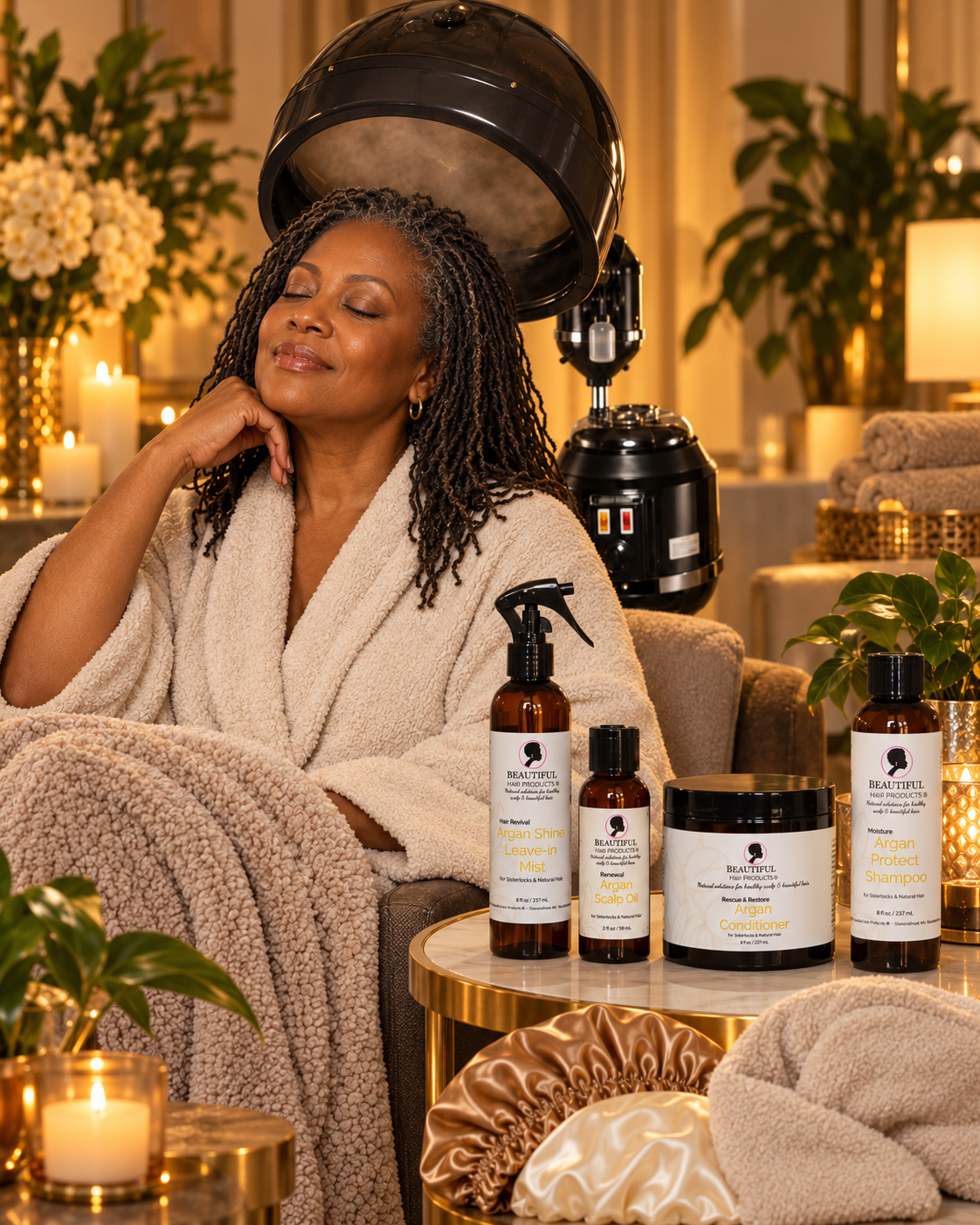 Mature Black woman with fine Sisterlocks relaxing under a professional hair steamer beside Beautiful Hair Products Argan Gold hair care and satin accessories