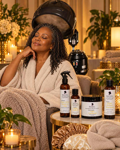 Mature Black woman with fine Sisterlocks relaxing under a professional hair steamer beside Beautiful Hair Products Argan Gold hair care and satin accessories
