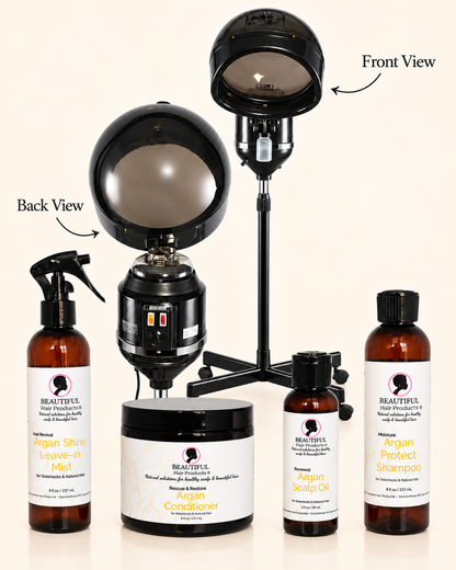 Beautiful Hair Products Argan Gold Leave-in Mist, Scalp Oil, Protect Shampoo, Rescue and Restore Conditioner, and professional hair steamer on a warm cream background