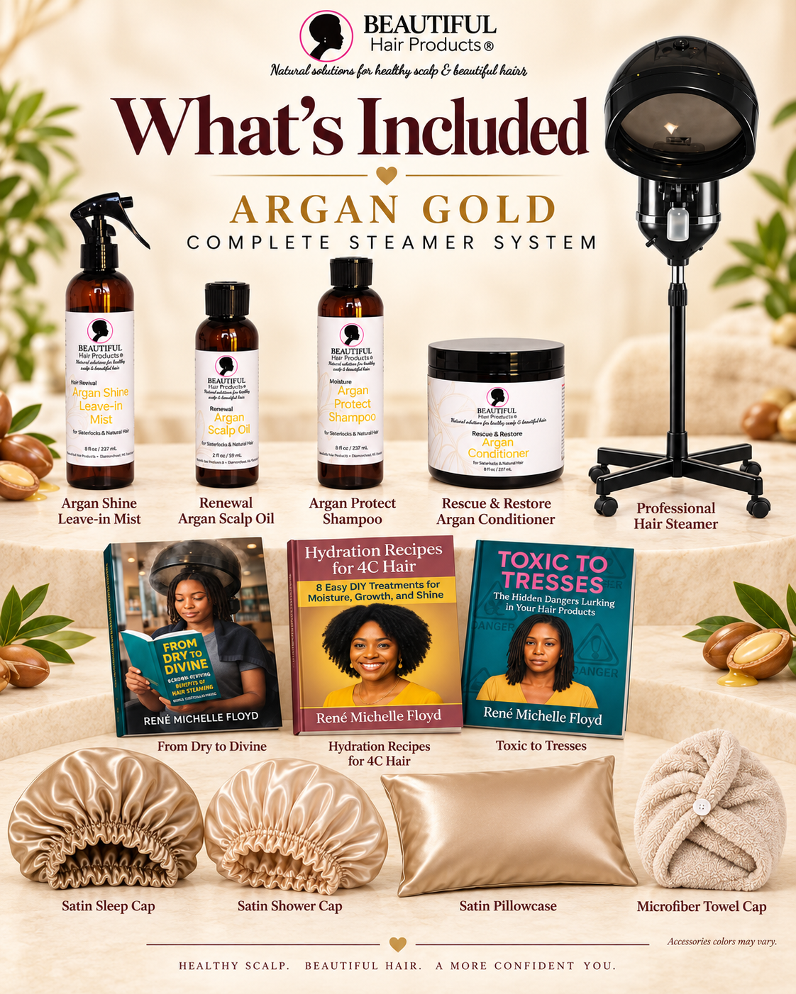 Argan Gold Complete Steamer System showing professional hair steamer, four Argan Gold hair care products, three hair care eBooks, satin sleep cap, satin shower cap, microfiber towel cap, and satin pillowcase