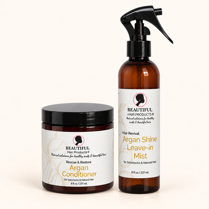 Argan Gold Discovery Kit with Argan Shine Revival Leave-In Mist and Argan Rescue & Restore Conditioner Cream on a soft brand cream background.