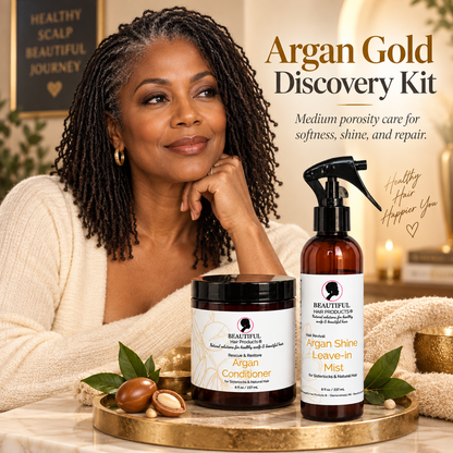 Argan Gold Discovery Kit for medium-porosity Sisterlocks with Argan Shine Leave-In Mist and Argan Conditioner.