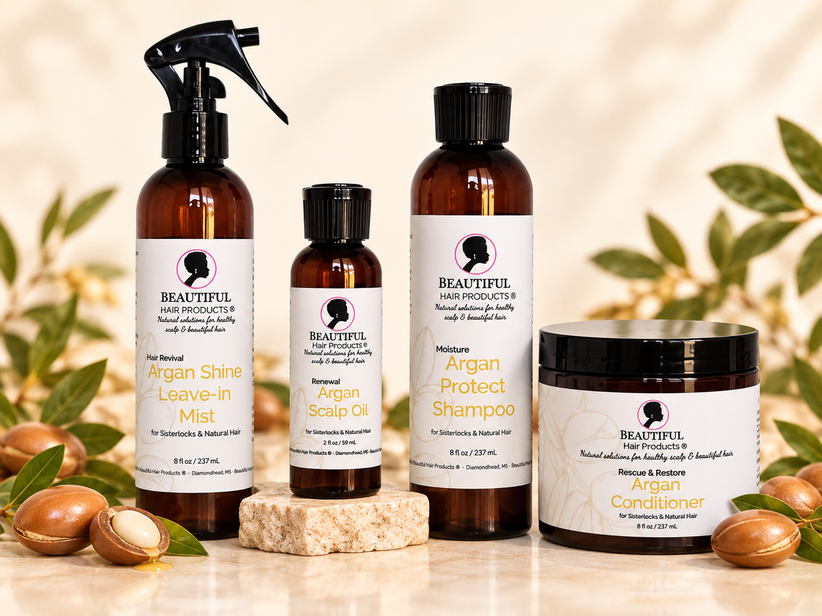 Argan Gold Full Routine Kit product-only image with Argan Shine Leave-In Mist, Argan Protect Shampoo, Renewal Argan Scalp Oil, and Rescue & Restore Argan Conditioner on a Crown Cream background.