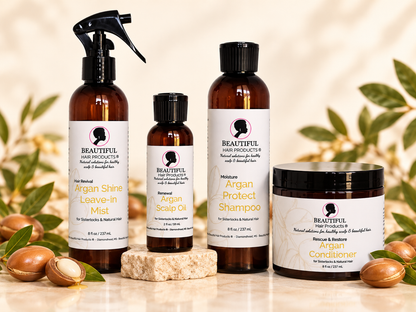 Argan Gold Full Routine Kit product-only image with Argan Shine Leave-In Mist, Argan Protect Shampoo, Renewal Argan Scalp Oil, and Rescue & Restore Argan Conditioner on a Crown Cream background.