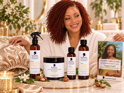 Argan Gold Full Routine Kit lifestyle for medium porosity Sisterlocks with Beautiful Hair Products, satin accessories, towel cap, and Medium Porosity Crown Care Guide.