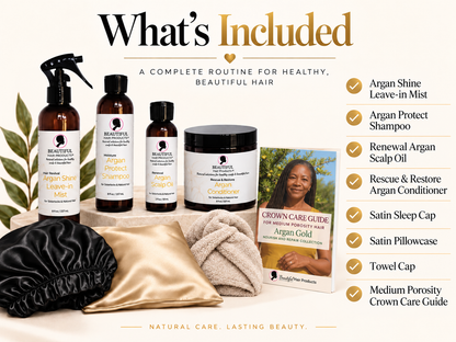 What's Included in the Argan Gold Full Routine Kit: four Beautiful Hair Products Argan products, Medium Porosity Crown Care Guide, microfiber towel cap, satin sleep cap, and satin pillowcase.