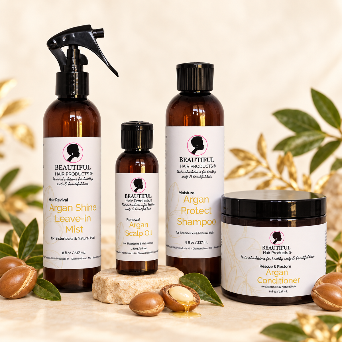 Four Beautiful Hair Products in the Argan Gold Starter Routine Kit for medium porosity Sisterlocks: Argan Shine Leave-in Mist, Argan Scalp Oil, Argan Protect Shampoo, and Argan Conditioner.