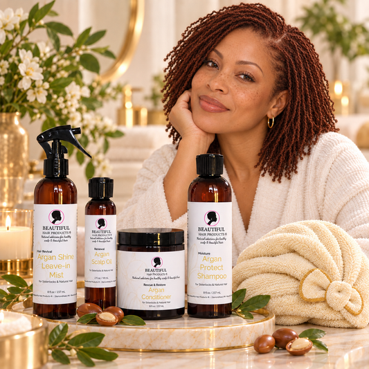 Argan Gold Starter Routine Kit for medium porosity Sisterlocks with four Beautiful Hair Products, cream microfiber towel cap, and fair-skinned Black woman with freckles and natural red Sisterlocks.