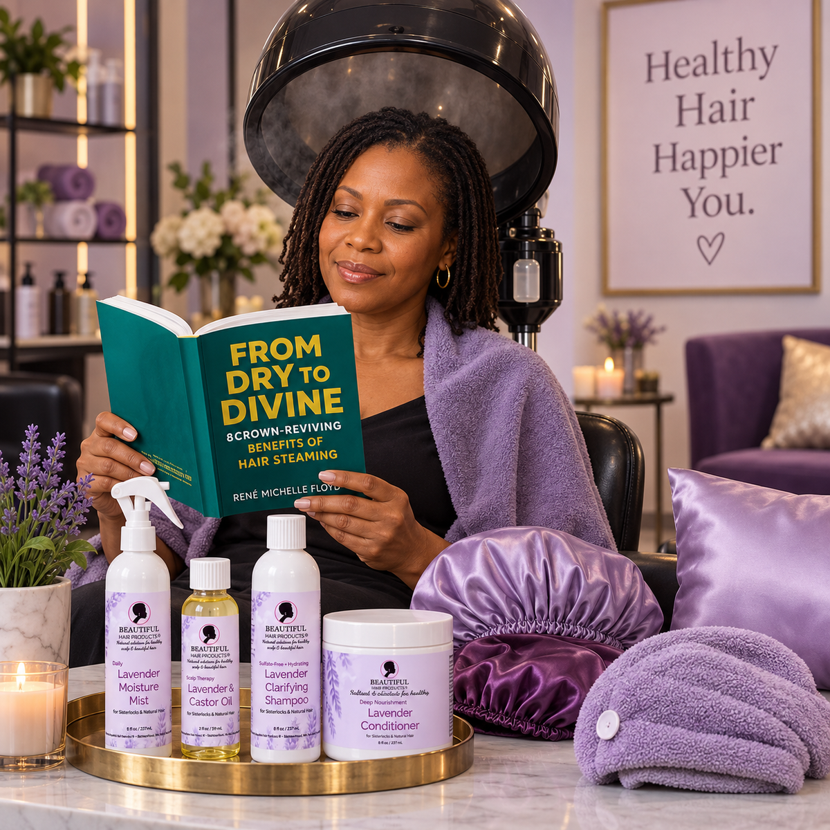 Mature Black woman with fine Sisterlocks relaxing under a professional hair steamer beside Beautiful Hair Products Lavender hair care and satin accessories