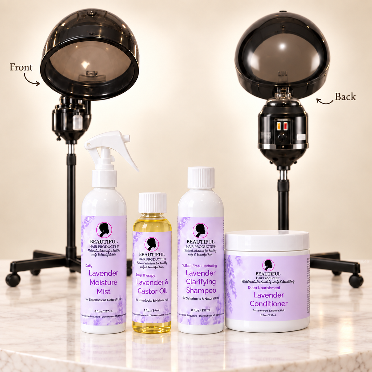 Beautiful Hair Products Lavender Moisture Mist, Lavender and Castor Oil, Lavender Clarifying Shampoo, Lavender Conditioner, and front and back views of the professional hair steamer on a cream background