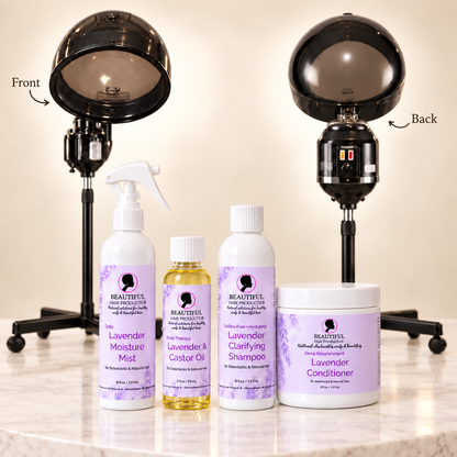 Beautiful Hair Products Lavender Moisture Mist, Lavender and Castor Oil, Lavender Clarifying Shampoo, Lavender Conditioner, and front and back views of the professional hair steamer on a cream background