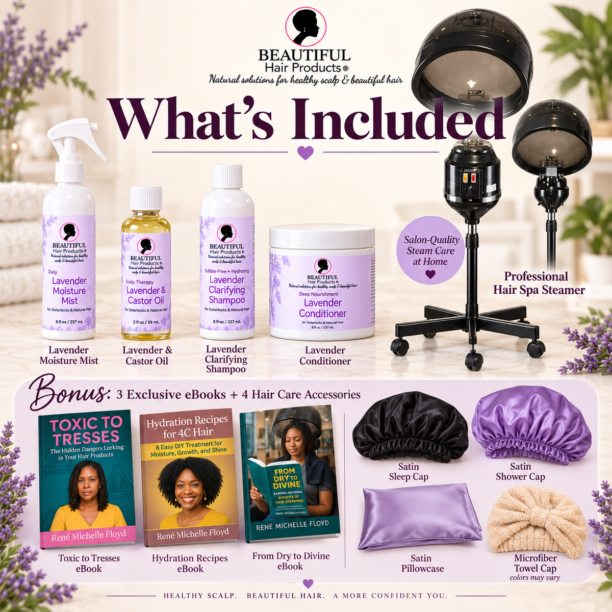 Lavender Luxe Complete Steamer System showing four Beautiful Hair Products Lavender hair care products, professional hair steamer, three hair care eBooks, satin sleep cap, satin shower cap, satin pillowcase, and microfiber towel cap