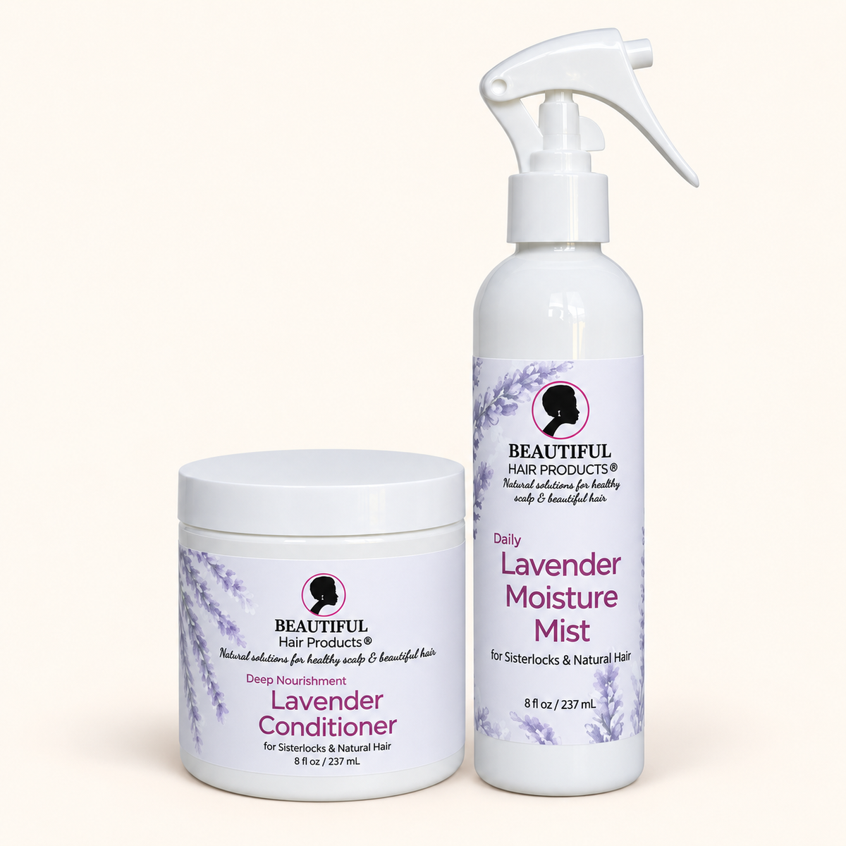 Lavender Luxe Discovery Kit with Lavender Daily Moisture Mist and Lavender Deep Conditioning Whip on a soft brand cream background.