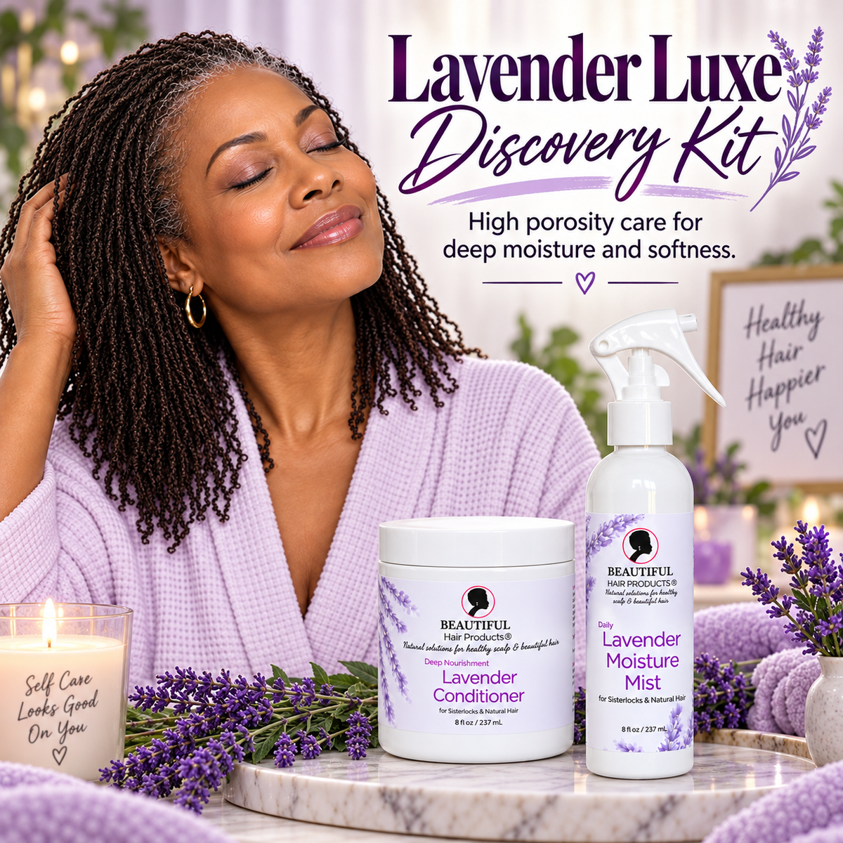 Lavender Luxe Discovery Kit for high-porosity Sisterlocks with Lavender Moisture Mist and Lavender Conditioner.