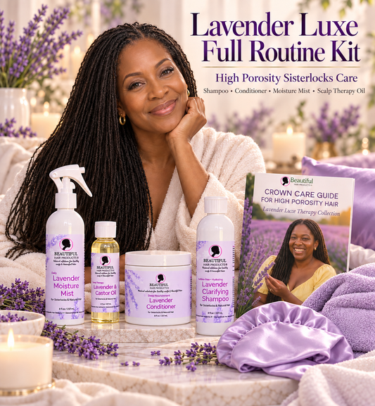 Mature Black woman with long Sisterlocks beside the Lavender Luxe Full Routine Kit, including high porosity hair care products, Crown Care Guide, satin accessories, and towel cap.