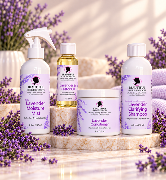 Lavender Luxe Full Routine Kit product-only image with Lavender Moisture Mist, Lavender and Castor Oil, Lavender Conditioner, and Lavender Clarifying Shampoo.