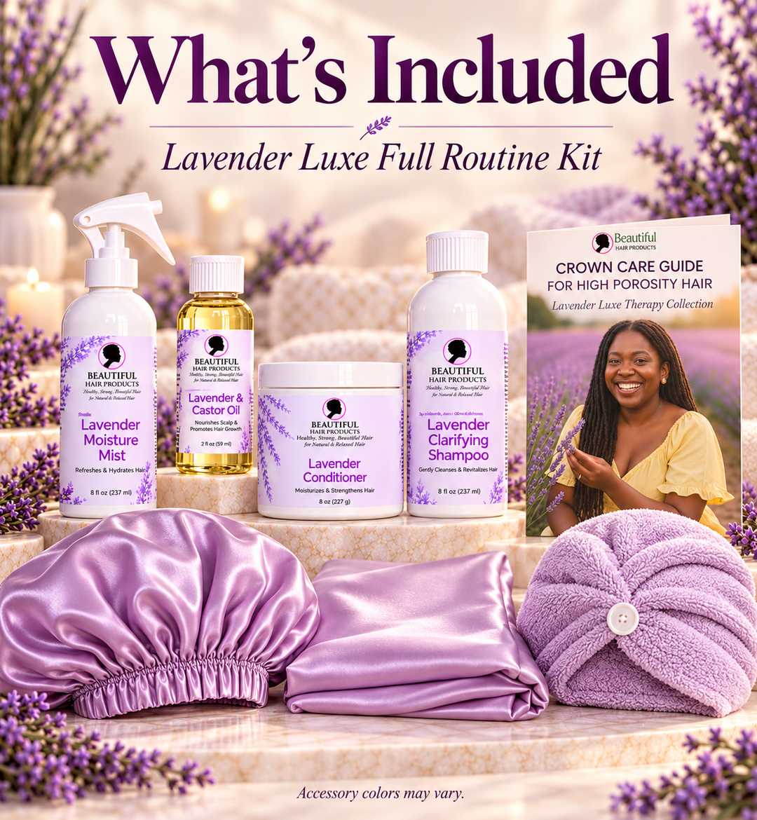 What's included in the Lavender Luxe Full Routine Kit: four Lavender hair care products, Crown Care Guide for High Porosity Hair, satin sleep cap, satin pillowcase, and microfiber towel cap.