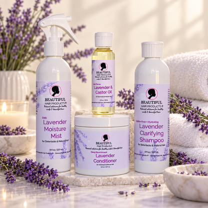 Four Beautiful Hair Products in the Lavender Luxe Starter Routine Kit for high porosity Sisterlocks: Lavender Moisture Mist, Lavender and Castor Oil, Lavender Conditioner, and Lavender Clarifying Shampoo.