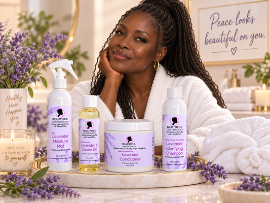 Lavender Luxe Starter Routine Kit for high porosity Sisterlocks with four Beautiful Hair Products, spa towel cap, and mature dark-skinned Black woman wearing long Sisterlocks in a high ponytail.