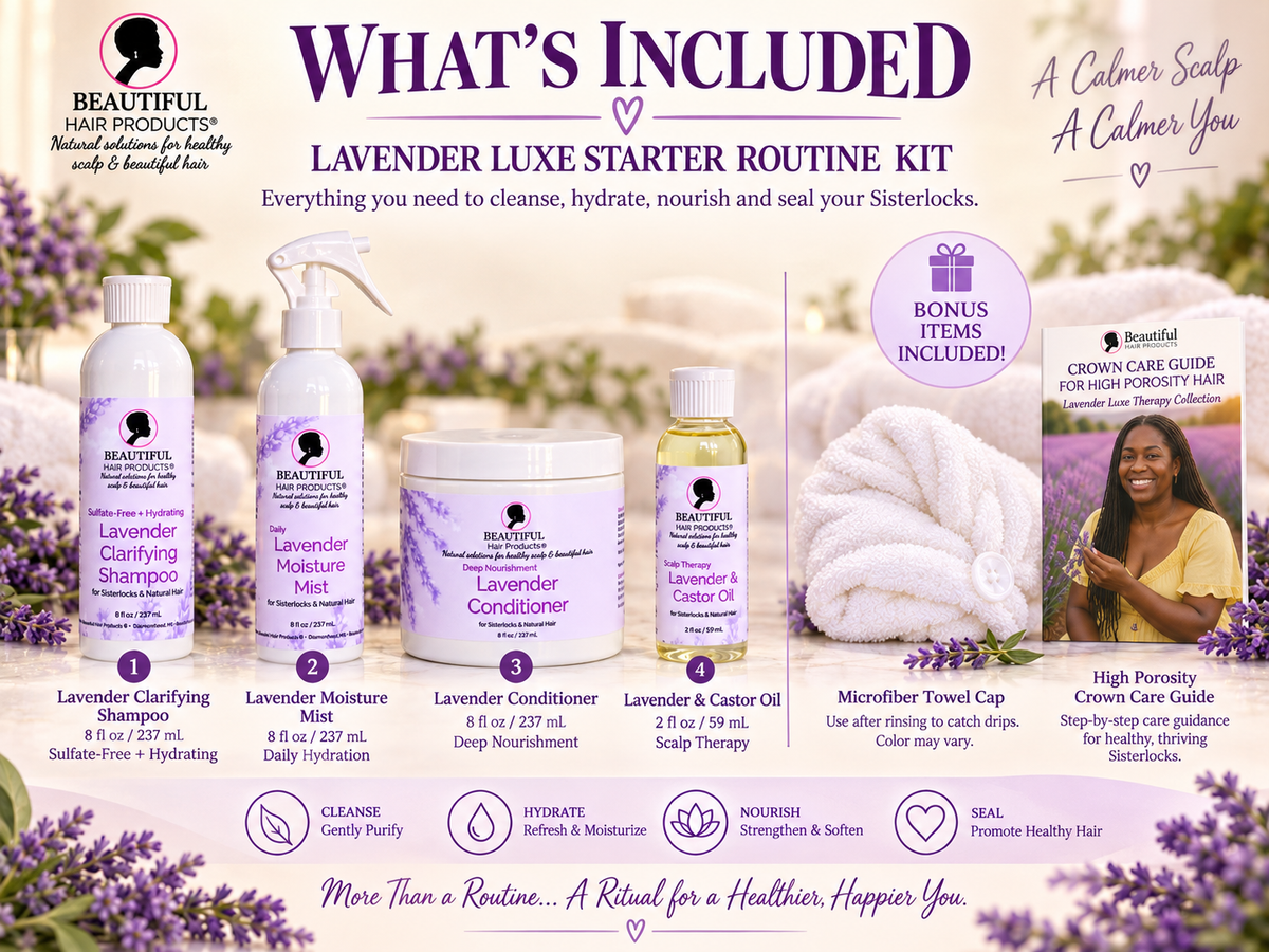 What's included in the Lavender Luxe Starter Routine Kit for high porosity Sisterlocks: four Lavender hair care products, microfiber towel cap, and Crown Care Guide for High Porosity Hair.