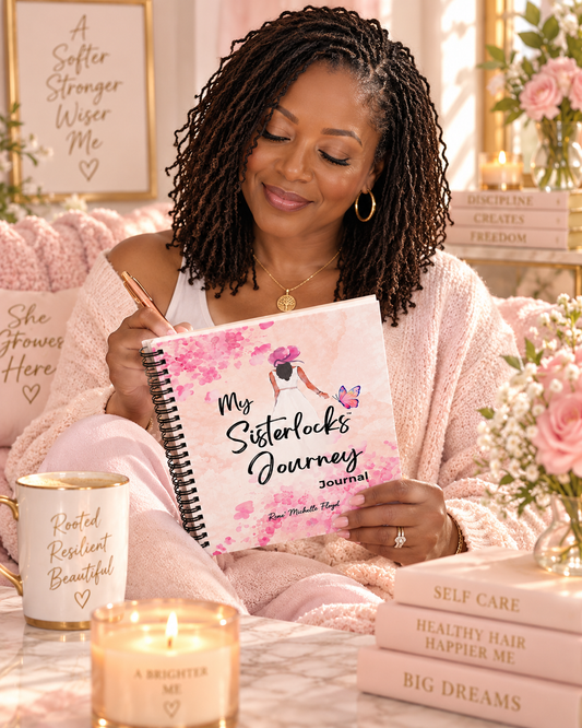 Mature Black woman with Sisterlocks journaling with My Sisterlocks Journey Journal in a peaceful pink self-care setting.
