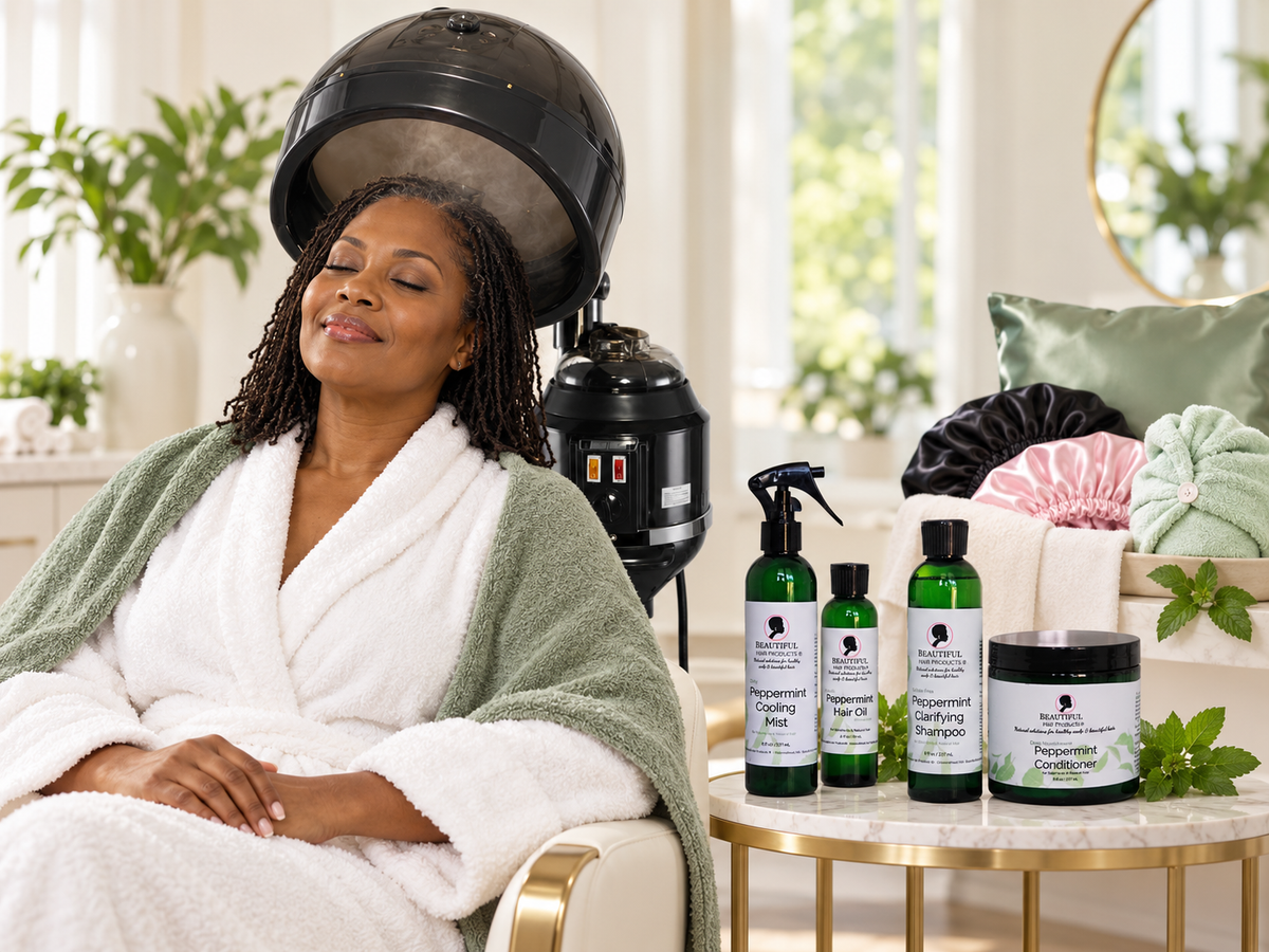 Mature Black woman with fine Sisterlocks relaxing under a professional hair steamer beside Beautiful Hair Products Peppermint hair care and satin accessories