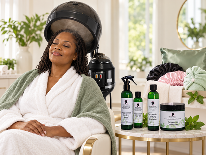 Mature Black woman with fine Sisterlocks relaxing under a professional hair steamer beside Beautiful Hair Products Peppermint hair care and satin accessories