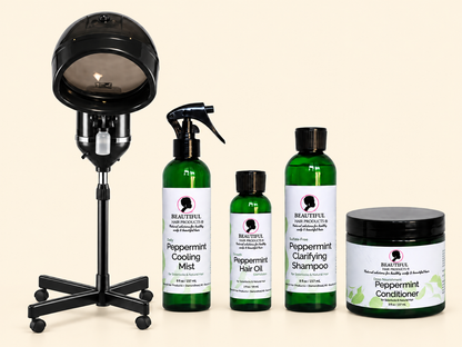 Beautiful Hair Products Peppermint Cooling Mist, Hair Oil, Clarifying Shampoo, Conditioner, and professional hair steamer on a Crown Cream background