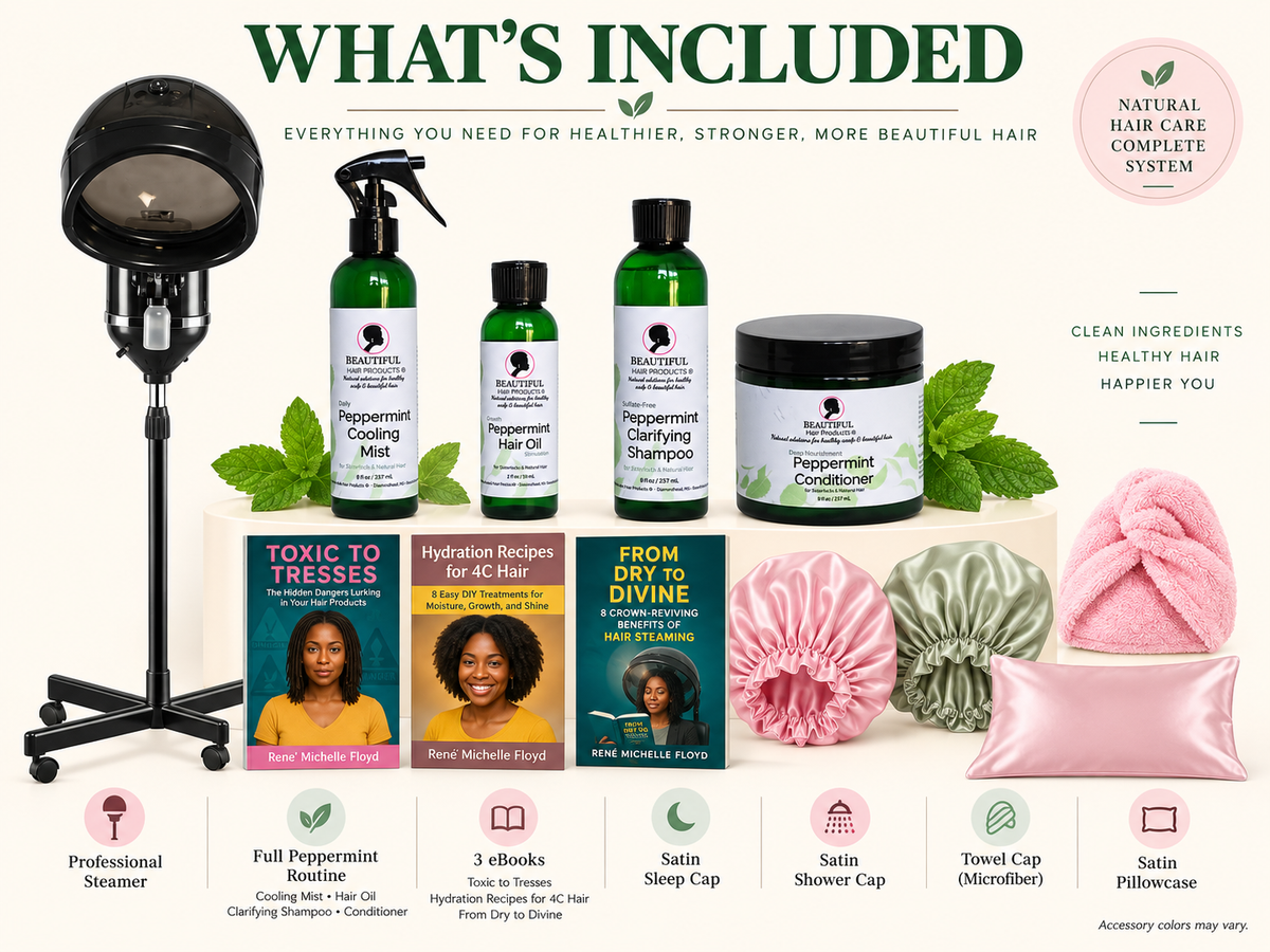 Peppermint Complete Hair Care System showing professional steamer, four Beautiful Hair Products Peppermint products, three hair care eBooks, satin sleep cap, satin shower cap, microfiber towel cap, and satin pillowcase