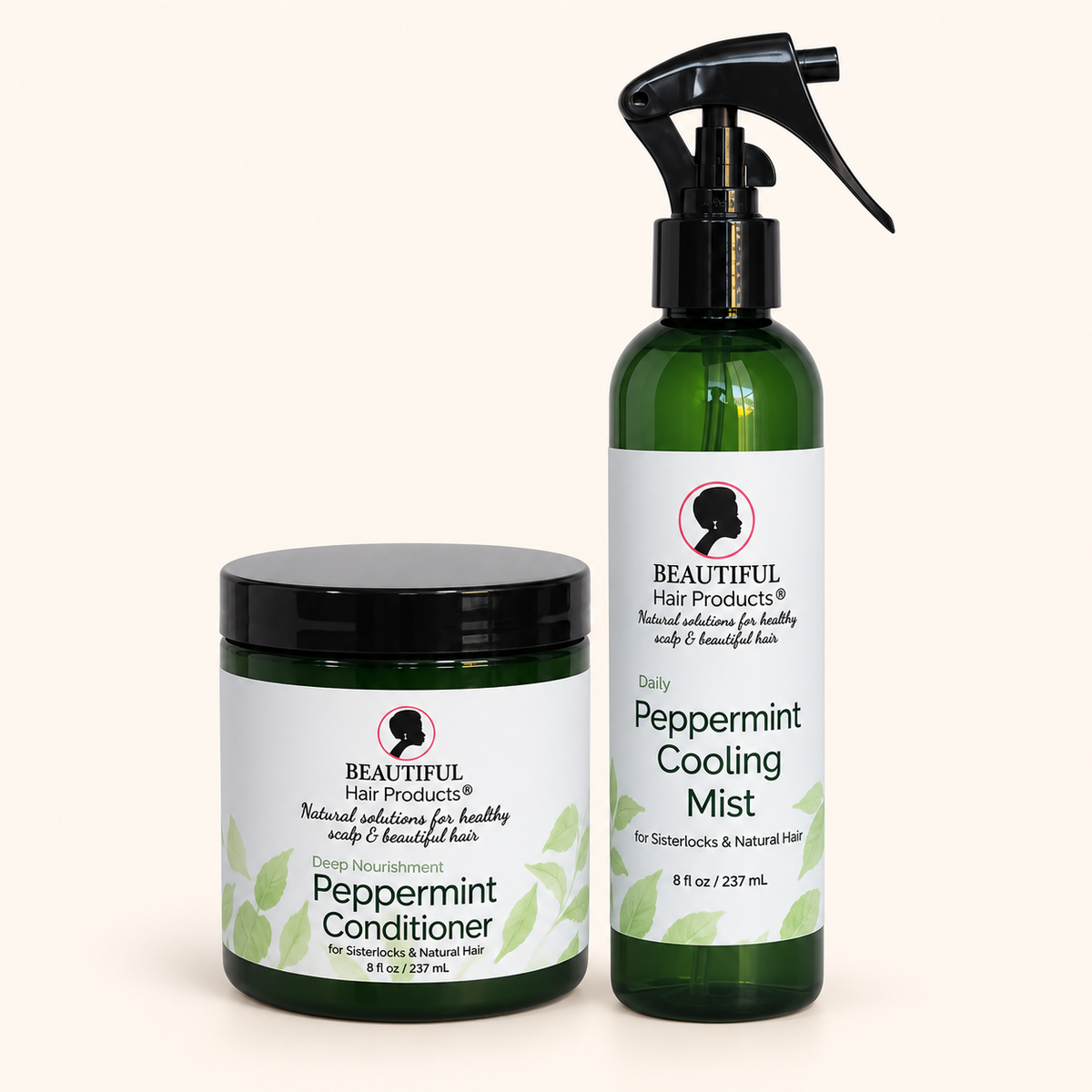 Peppermint Power Discovery Kit with Peppermint Daily Cooling Mist and Peppermint Deep Conditioning Cream on a soft brand cream background.