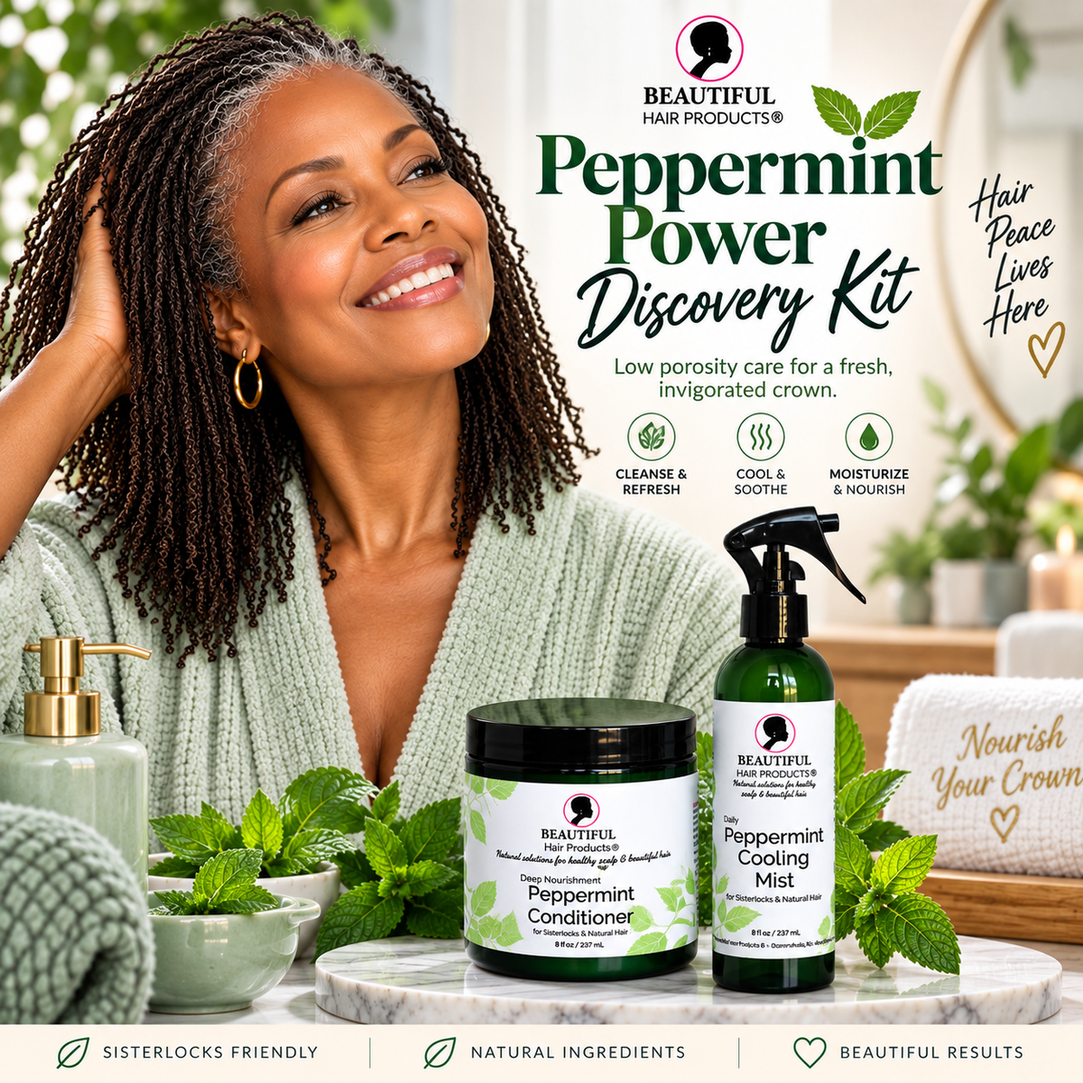 Peppermint Power Discovery Kit for low-porosity Sisterlocks with Peppermint Cooling Mist and Peppermint Conditioner.