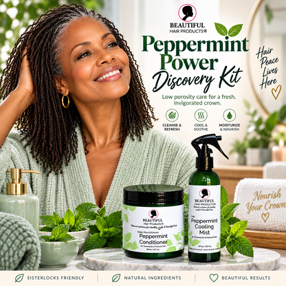 Peppermint Power Discovery Kit for low-porosity Sisterlocks with Peppermint Cooling Mist and Peppermint Conditioner.
