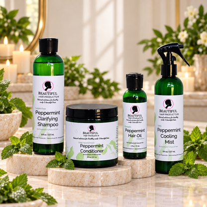 Peppermint Power Full Routine Kit product-only image with Peppermint Clarifying Shampoo, Peppermint Conditioner, Peppermint Hair Oil and Peppermint Cooling Mist on a Crown Cream background.