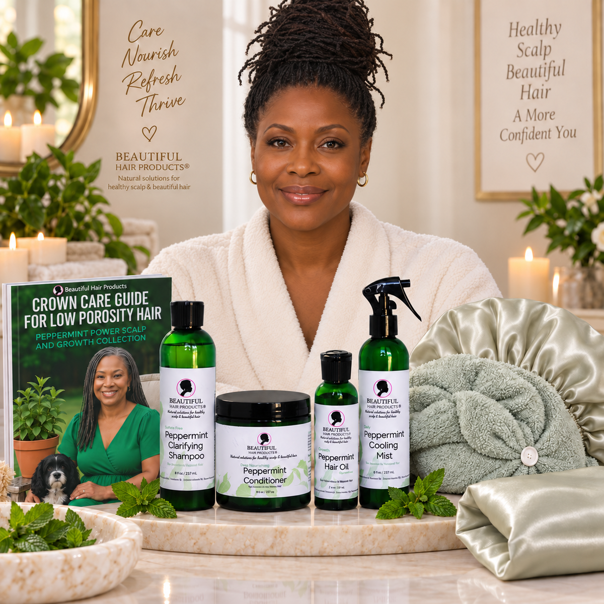 Peppermint Power Full Routine Kit lifestyle for low porosity Sisterlocks featuring Beautiful Hair Products, Low Porosity Crown Care Guide, towel cap, satin sleep cap and satin pillowcase.