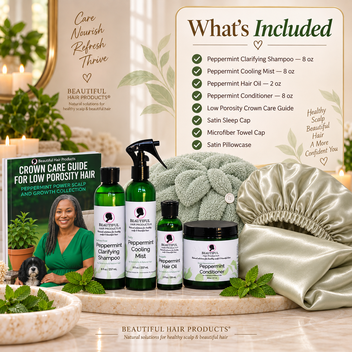 What's Included in the Peppermint Power Full Routine Kit: four Beautiful Hair Products Peppermint products, Low Porosity Crown Care Guide, microfiber towel cap, satin sleep cap and satin pillowcase.